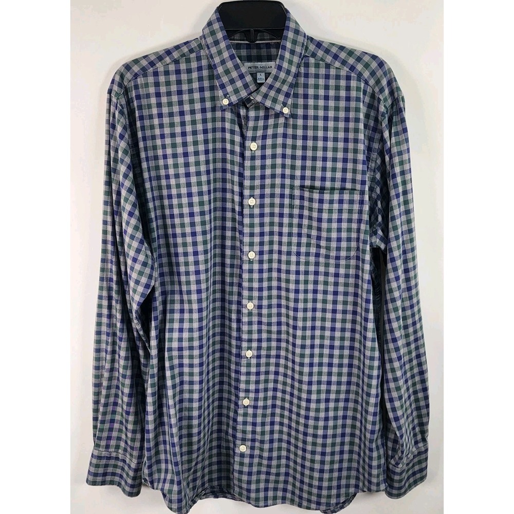 Peter Millar Gale Button Down Shirt Men's L Gingham Gray Navy Green